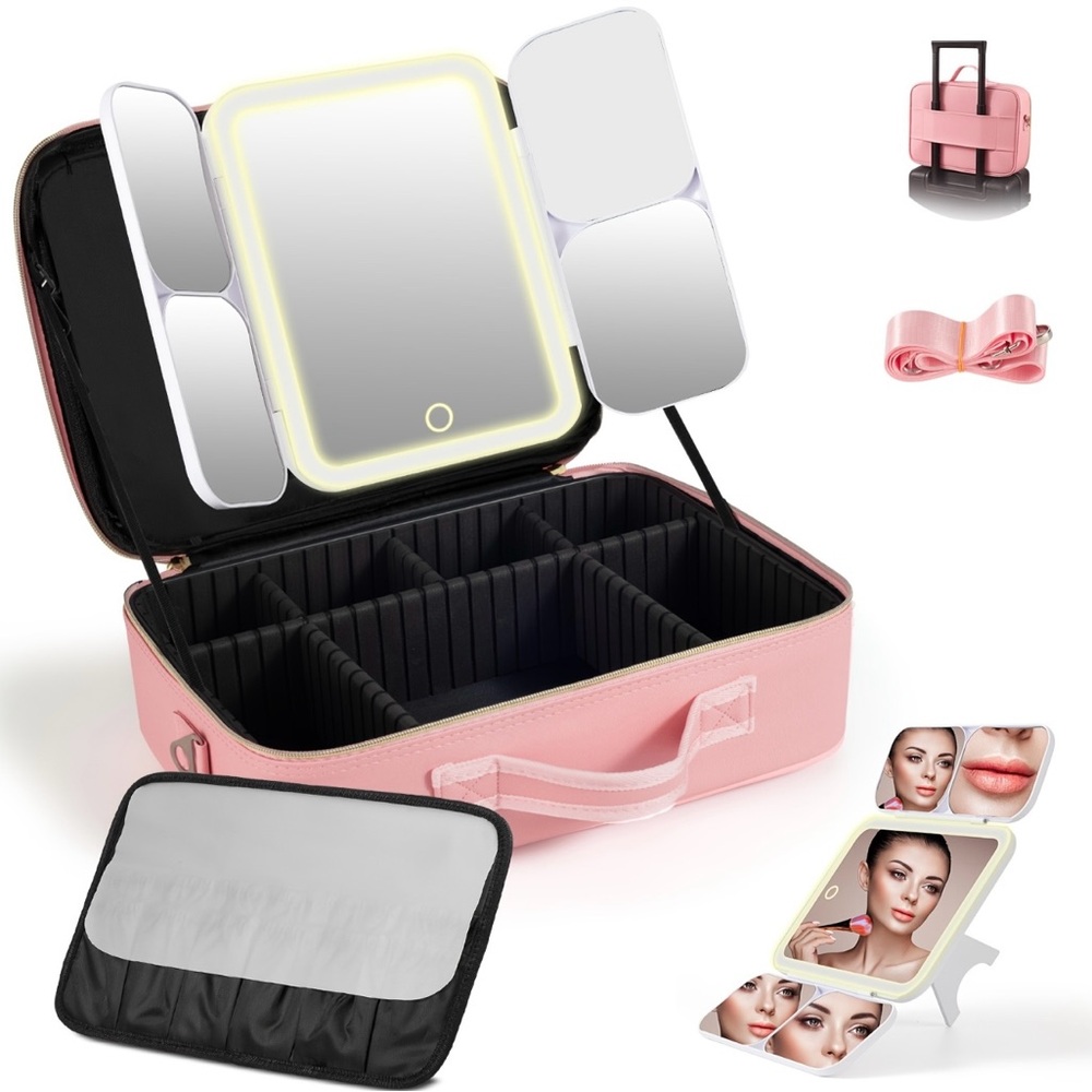 Light-Up Tri-Fold Magnified Mirror 2-1 Travel Vanity Cosmetic Makeup Bag XL NIB